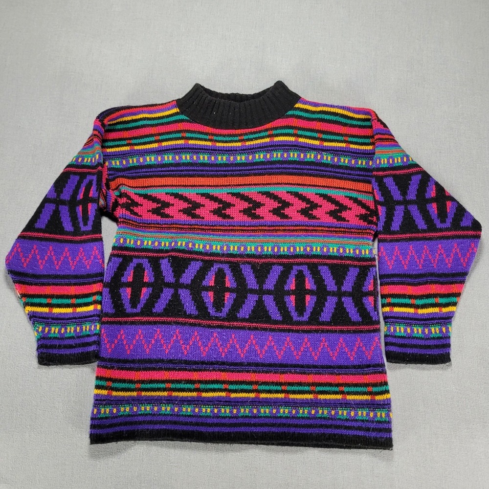 Vintage‎ Colorful Geometric Knit Sweater Aztec Neon Purple Tribal Grandpa Medium